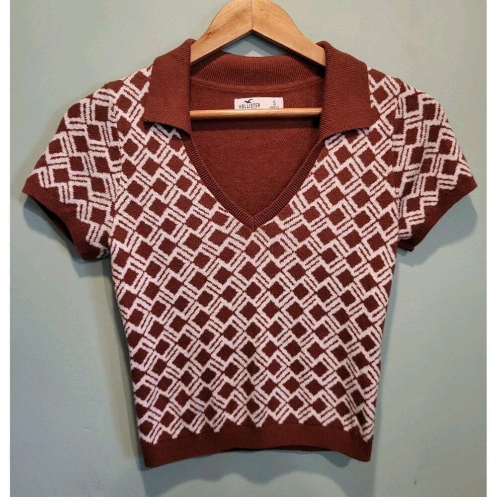 Hollister Brown Ivory Short Sleeve V Neck Collared Crop Sweater Sz S